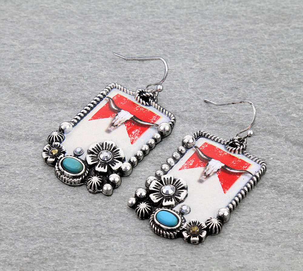 Western Steer Skull Print Dangle Earrings