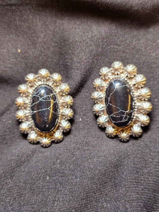 Black Stone And Silver Stud Earrings