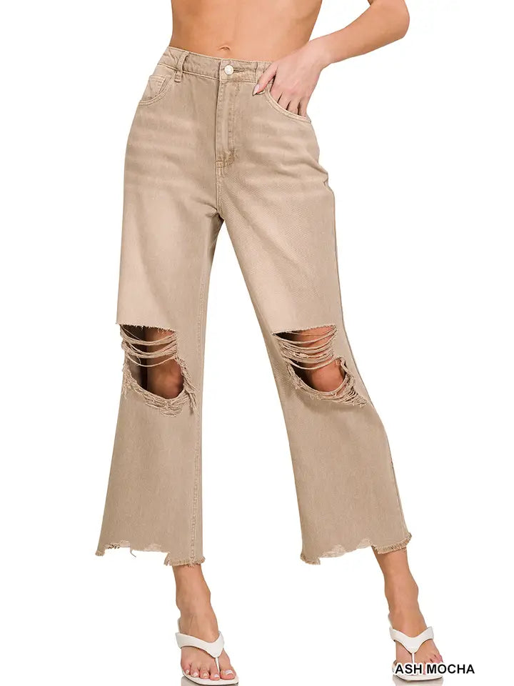 Washed Distressed Crop Pants Colored Jeans